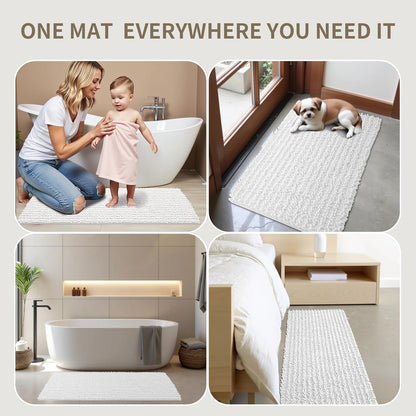 Skiennix Non-Slip Bathroom Rug - Extra Thick Soft Chenille, Quick Dry Plush Shaggy Mat | 32x20, White