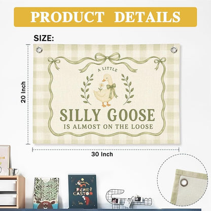 Silly Goose Baby Shower Banner - Nursery Wall Decor 30x20, sily goose green, Linen Canvas