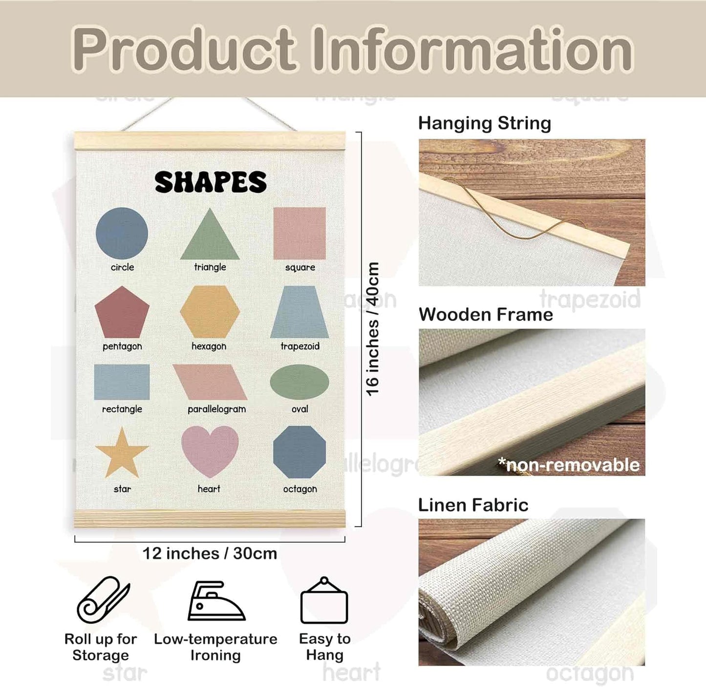 TLESKE Boho Classroom Shapes Chart - Educational Wall Art Decor for Kids Room | 12x16" Hanger Frame