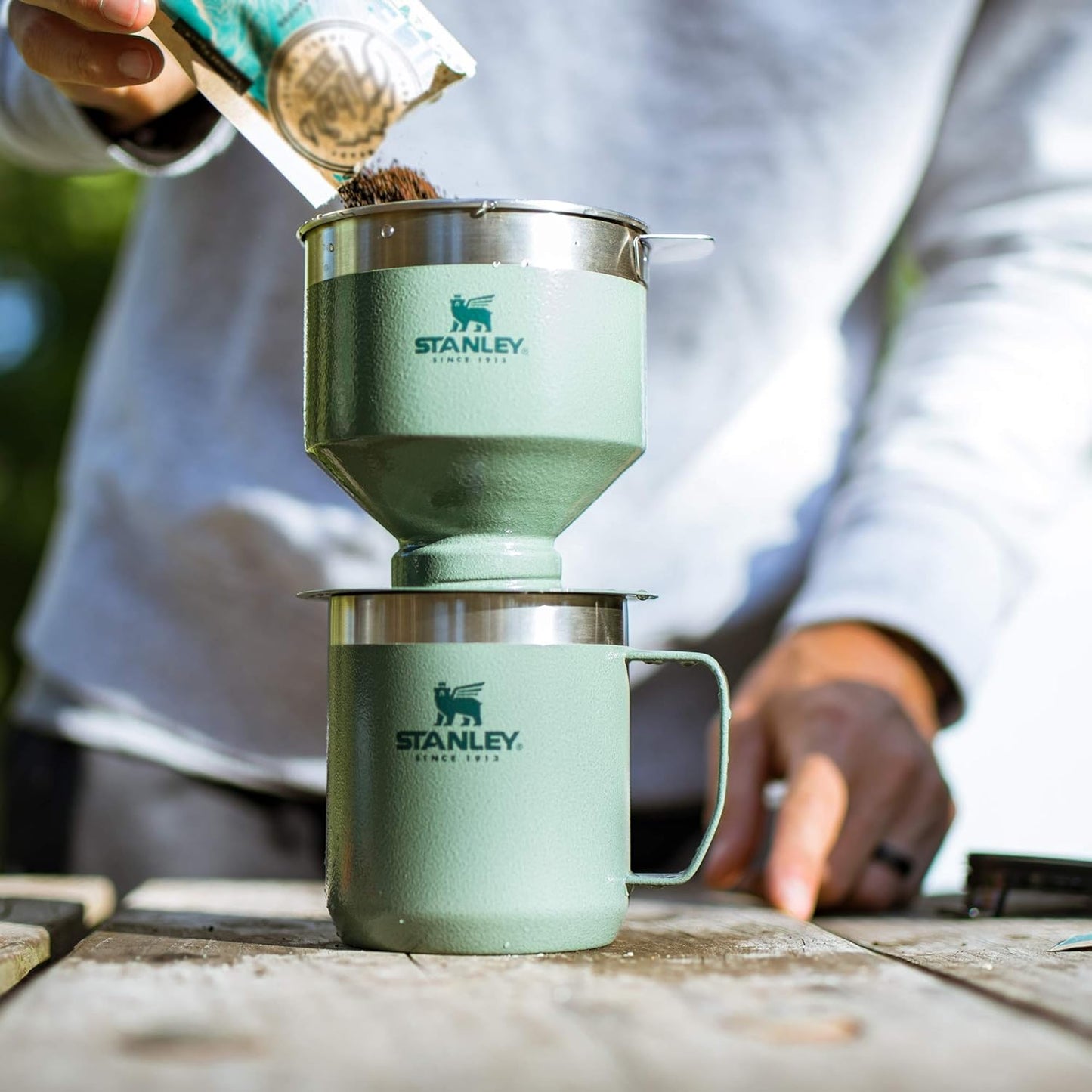 STANLEY Perfect Brew Pour Over Set - 12 oz Insulated Camp Mug with Lid & Reusable Filter | BPA-Free Hammertone Green