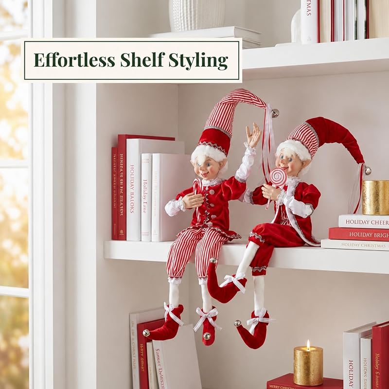 Peppermint Parlor 30-Inch Posable Elf Figurines, Assortment of 2
