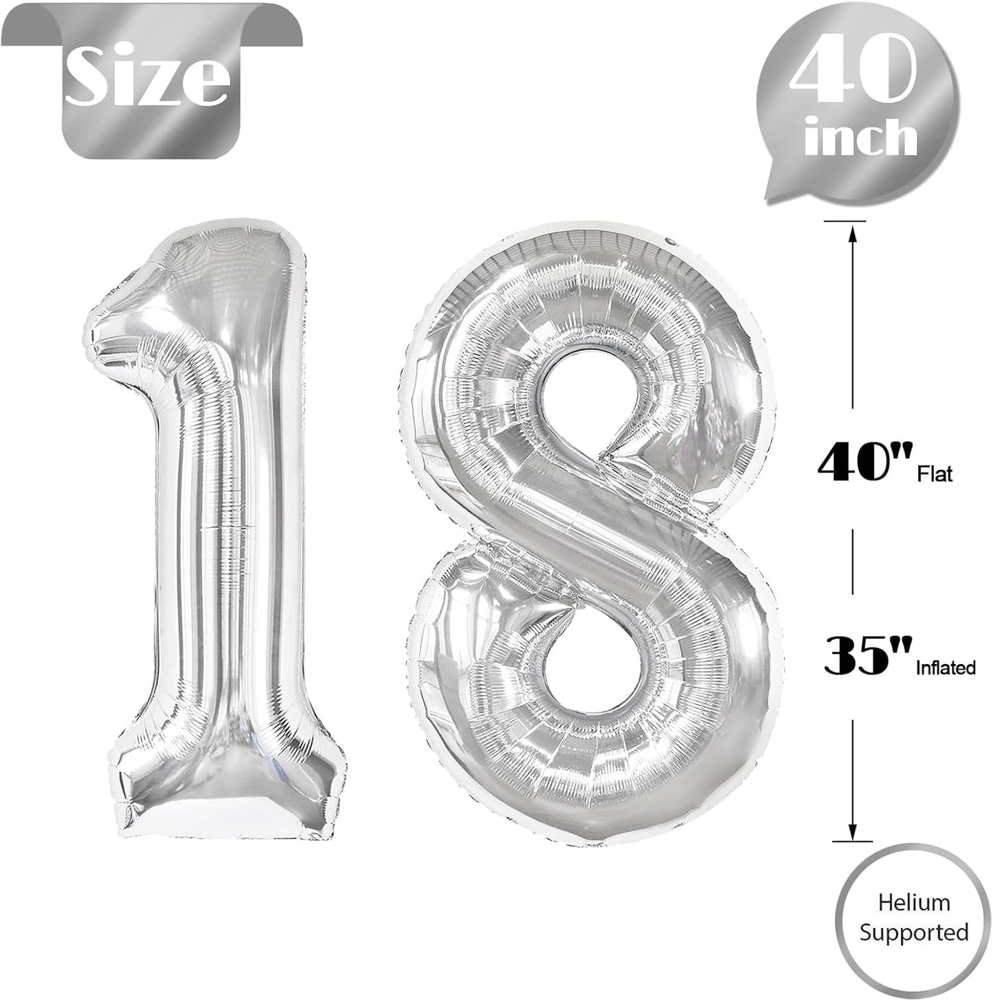 Silver Number 18 Balloon - 40 Inch 18th Birthday Decoration for Kids | Perfect for 18 Year Old Celebrations