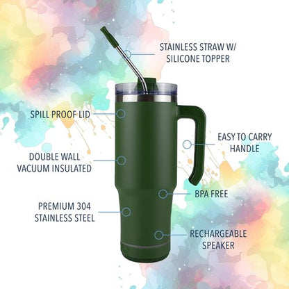 Hogg Bluetooth Speaker Tumbler - 30 oz Grippy Hunter Green Tumbler with Handle and Bluetooth Speaker