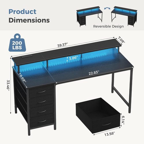 DUMOS 40-Inch Computer Desk - 4 Drawers with Power Outlets & LED Lights | Compact Office Desk in Black