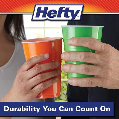 Hefty Disposable Plastic Party Cups - Easy Grip & Durable, Assorted Colors, 16-Ounce, 100 Count