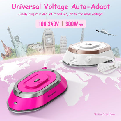 Newbealer Travel Iron - Mini Dry Iron with Global Voltage, 100-240V, 300W, Non-Stick Soleplate | Hot Pink, Ultra-Lightweight