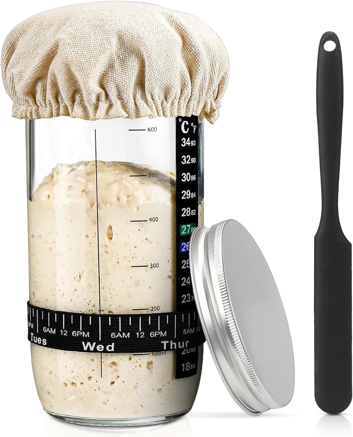Skiennix Sourdough Starter Kit - 24 oz Glass Jar with Date Marked Feeding Band & Thermometer