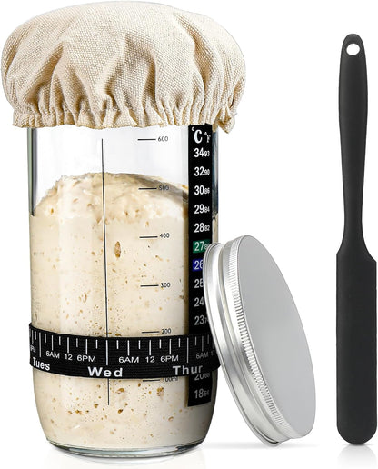 Skiennix Sourdough Starter Kit - 24 oz Glass Jar with Date Marked Feeding Band & Thermometer