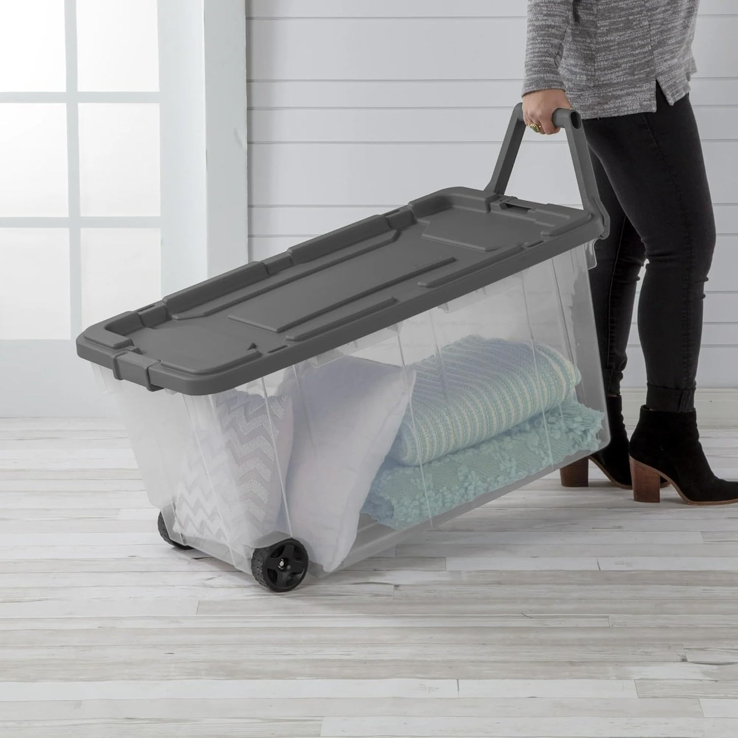 Stacker Tote 160 Quart - Extra Large Durable Clear Bin with Latch Lid & Pull Handle | 2 Count