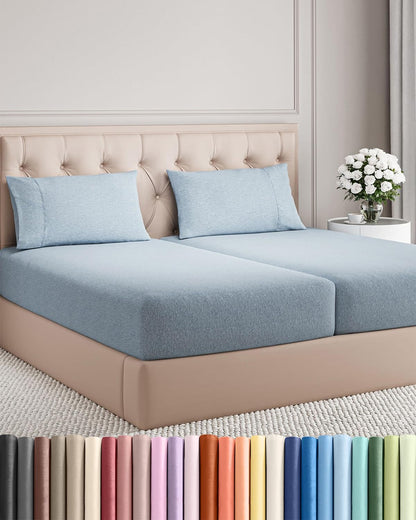 Split King Size Sheet Set by Regine Switzerland - Comfy, Breathable & Cooling Luxury Bedding - Deep Pockets, Wrinkle-Free - Blue Heathered