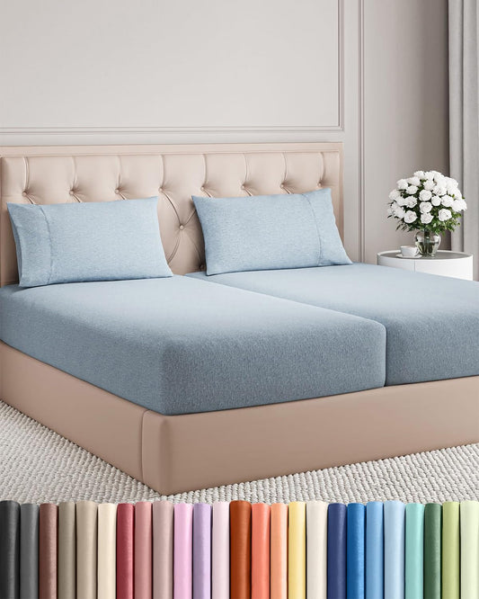 Split King Size Sheet Set by Regine Switzerland - Comfy, Breathable & Cooling Luxury Bedding - Deep Pockets, Wrinkle-Free - Blue Heathered
