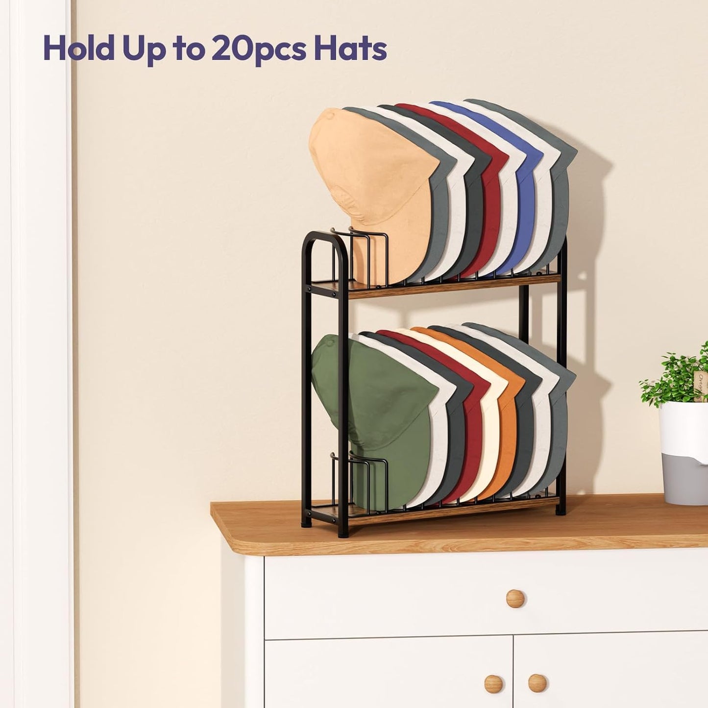 SWTYMIKI Hat Stand | 2-Tier Wood & Metal Organizer - Removable Tabletop Rack for 20 Caps (Black)