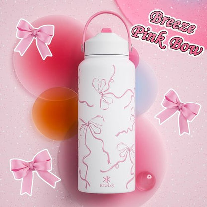 Bow Water Bottle | 32 oz Insulated Stainless Steel with Flip Straw & Handle - Leak Proof, Reusable, Wide Mouth (Breeze Pink)
