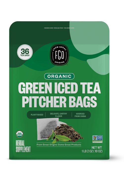 FGO Organic Green Iced Tea, 36 Eco-Conscious Pitcher Sized Tea Bags, Packaging May Vary (Pack of 1)