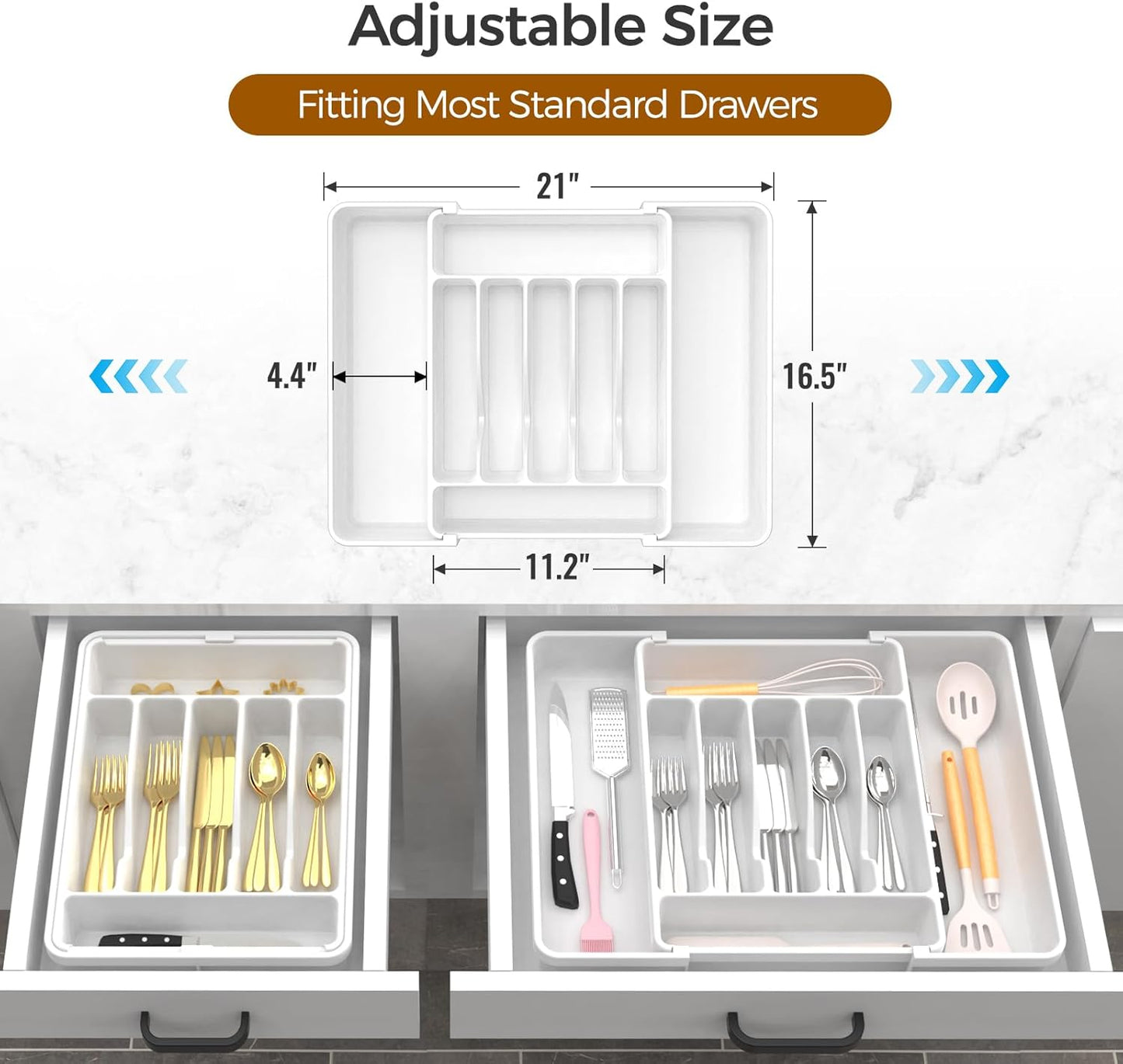 Ukeetap Extra Large Expandable Silverware Organizer - BPA-Free Cutlery Holder for Kitchen Drawers | Adjustable White Design