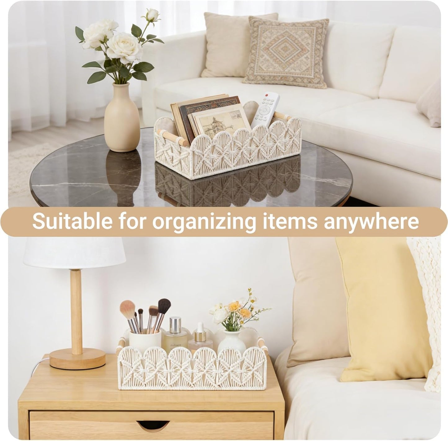 Mkono Macrame Storage Basket - Scalloped Edge Boho Woven Decor | Small Organizer Set of 2 in Ivory