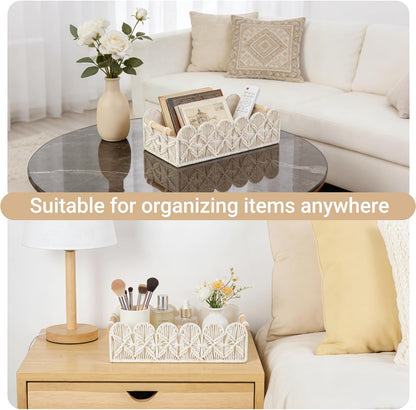 Mkono Macrame Storage Basket - Scalloped Edge Boho Woven Decor | Small Organizer Set of 2 in Ivory