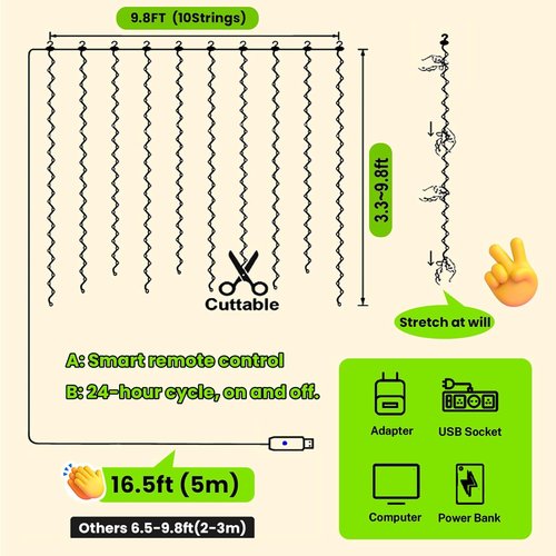 HXWEIYE 300LED Fairy Curtain Lights - 9.8x9.8Ft USB Plug-In with 8 Modes & Remote | Green Indoor Decor