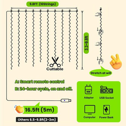 HXWEIYE 300LED Fairy Curtain Lights - 9.8x9.8Ft USB Plug-In with 8 Modes & Remote | Green Indoor Decor