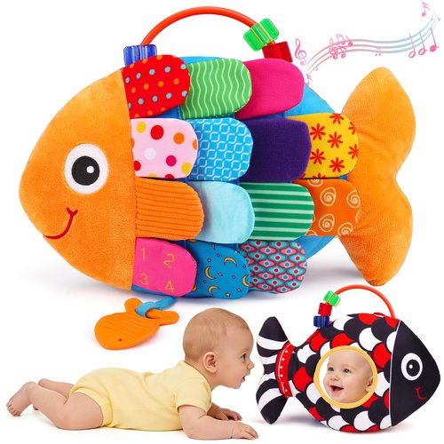 Baby Sensory Tummy Time Toys 0-6 Months Music Fish Toy for Infant 3 4 5 6 Month Old Black and White High Contrast Newborn Toys with Mirror Crinkle Rattle for 3-6 6-12 Months Baby Boy Girl Shower Gifts
