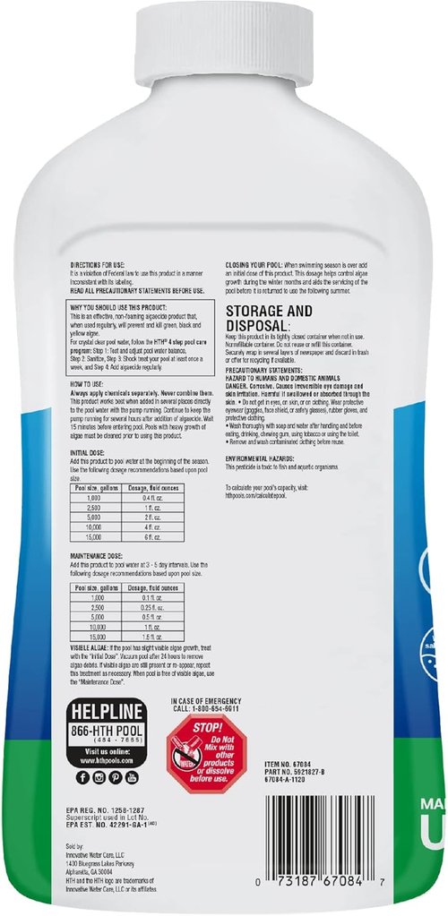 HTH 67084 Algae Guard - Advanced All Algae Eliminator for Crystal Clear Pools | 32 fl oz