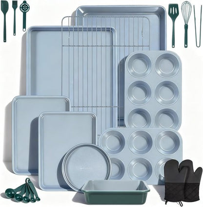 Ammeloo 22-Piece Non-Stick Baking Pans Set - Stackable Bakeware with Oven Mitt & Utensils | Gray & Hunter Green