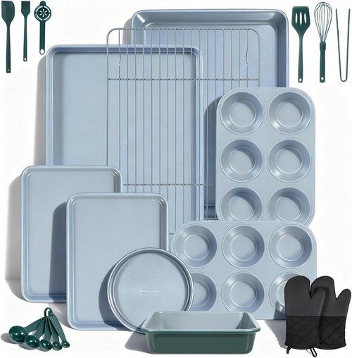 Ammeloo 22-Piece Non-Stick Baking Pans Set - Stackable Bakeware with Oven Mitt & Utensils | Gray & Hunter Green