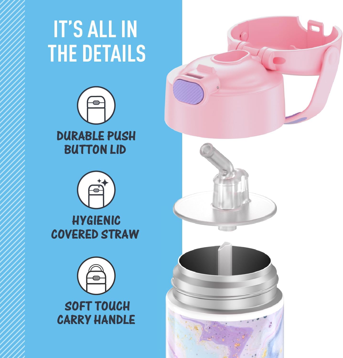 THERMOS FUNTAINER Water Bottle - 12 Ounce Kids Stainless Steel Vacuum Insulated with Straw - Dreamy Design