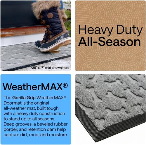 GORILLA GRIP Waterproof All-Season WeatherMAX Doormat - 47x35 Natural Rubber | Stain & Fade Resistant, Easy Clean Light Gray
