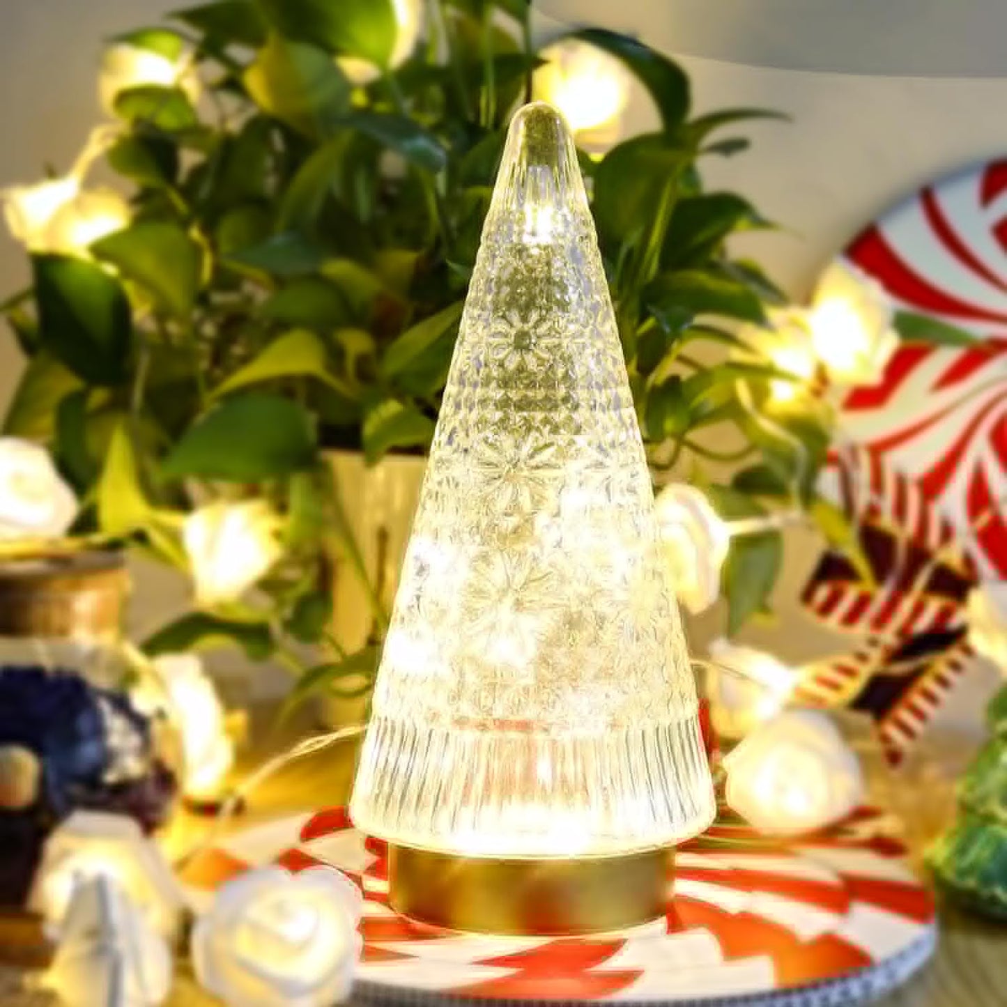 Regine Switzerland Glass Christmas Tree - Small Gold Sparkling LED Light Tabletop Centerpiece