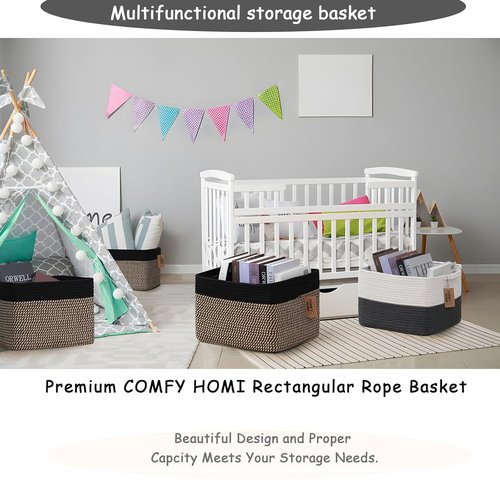 Comfy-Homi Cotton Rope Square Baskets - Versatile Storage Bins with Handles | 13.5" x 11" x 9.5" | Black/Jute