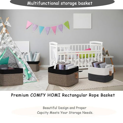 Comfy-Homi Cotton Rope Square Baskets - Versatile Storage Bins with Handles | 13.5" x 11" x 9.5" | Black/Jute