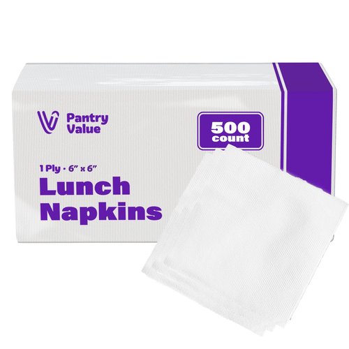 Pantry Value [500 Count - 6x6 Inch folded] 1-ply White Lunch Napkins - Disposable Absorbent Paper Napkins for Everyday use, Events, Parties (12x12 Inch unfolded)