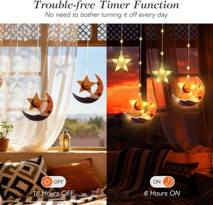 Lewondr 138 LED Moon Star Fairy Lights - USB Powered Curtain String Lights with Remote Control | 8 Modes & 6H Timer for Ramadan Decorations