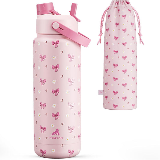 POWCAN 32 oz Insulated Water Bottle - 2-in-1 Straw & Spout Lid, Leak-Proof, BPA-Free, Ideal for Sports & Travel (Bow Crush)
