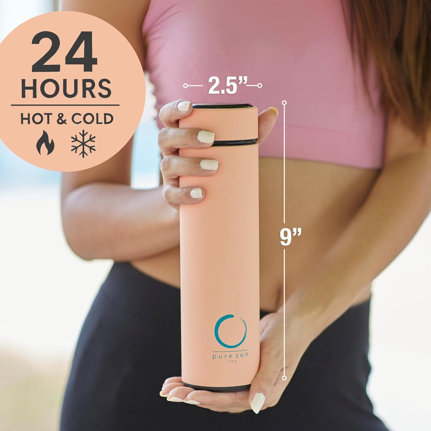 Pure Zen Tea Thermos - Stainless Steel Infuser Bottle for Hot & Cold Brews | 15oz - Pink