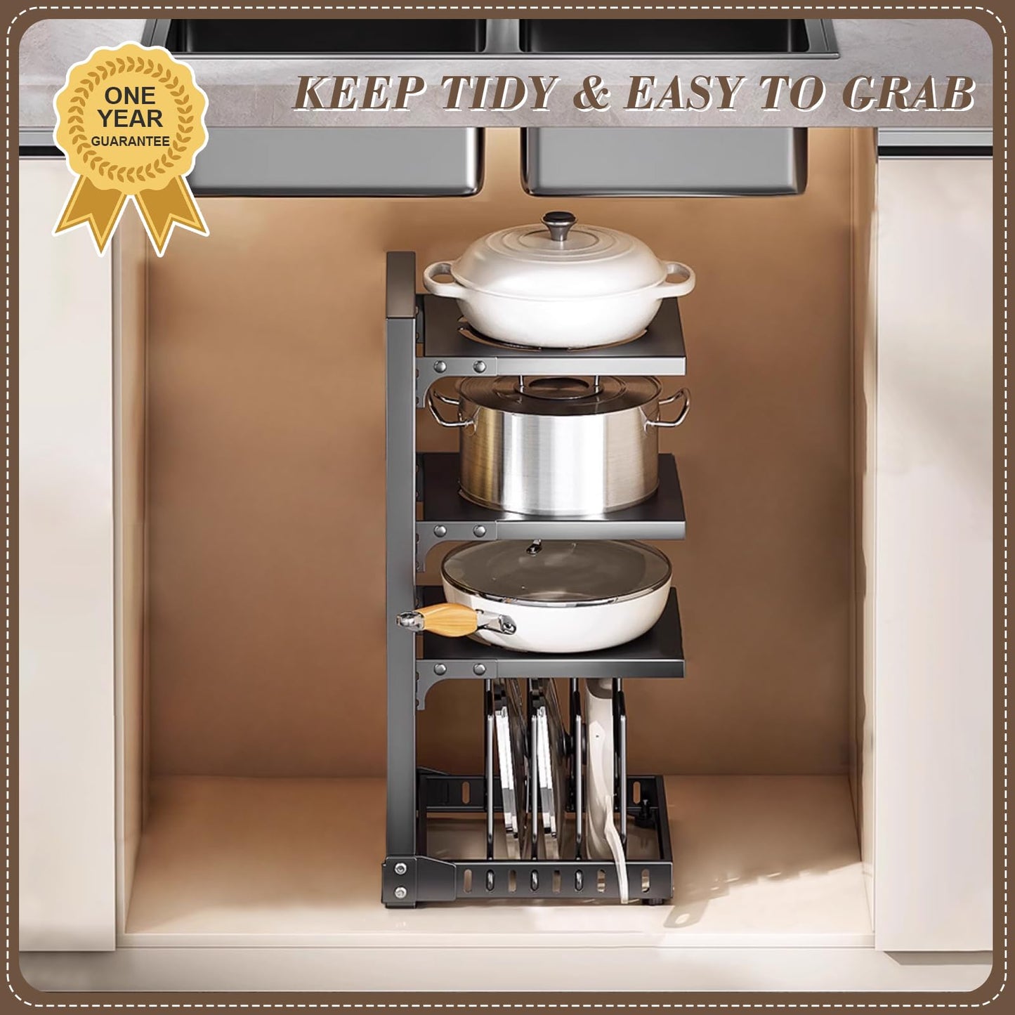 XPIY Pots and Pans Organizer under Cabinet, Cutting Board Pot Lid Storage Rack with 4 Adjustable Tiers and 7 Storage Units, Pan Holder under Sink, 25% Thicker Kitchen Metal Heavy Duty Pan Organizer