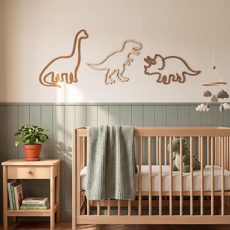 Three-Piece Wooden Dinosaur Wall Decor Set for Nursery