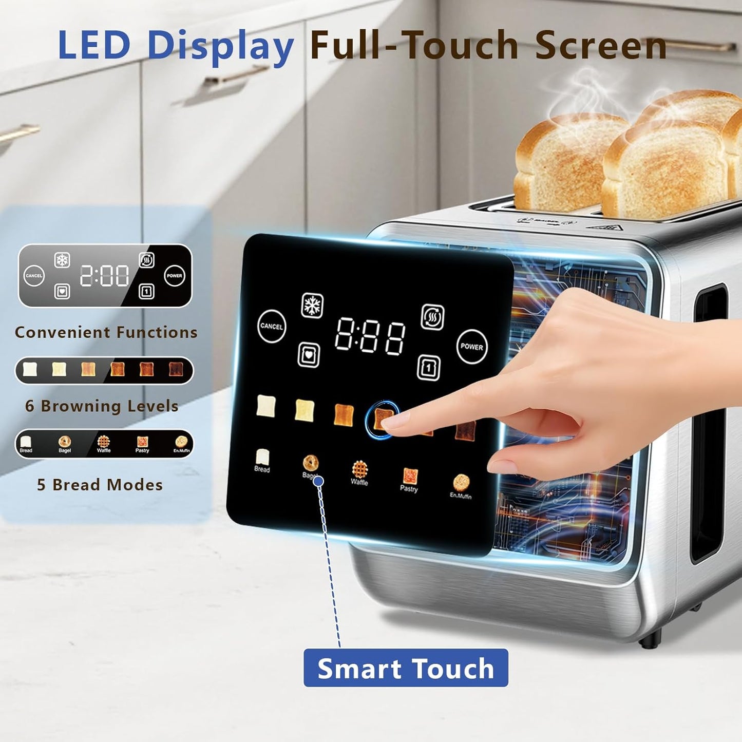 Smart Toaster 4 Slice - Touch Screen Digital Toaster with 6 Browning Levels & Extra Wide Slots | 1400W Stainless Steel