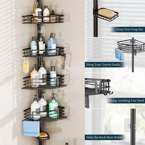 Consumest Corner Shower Caddy Tension Pole - Adjustable Rustproof Bath Organizer with Towel Bar & Soap Holder | 27.6-108.3 Inch, Black