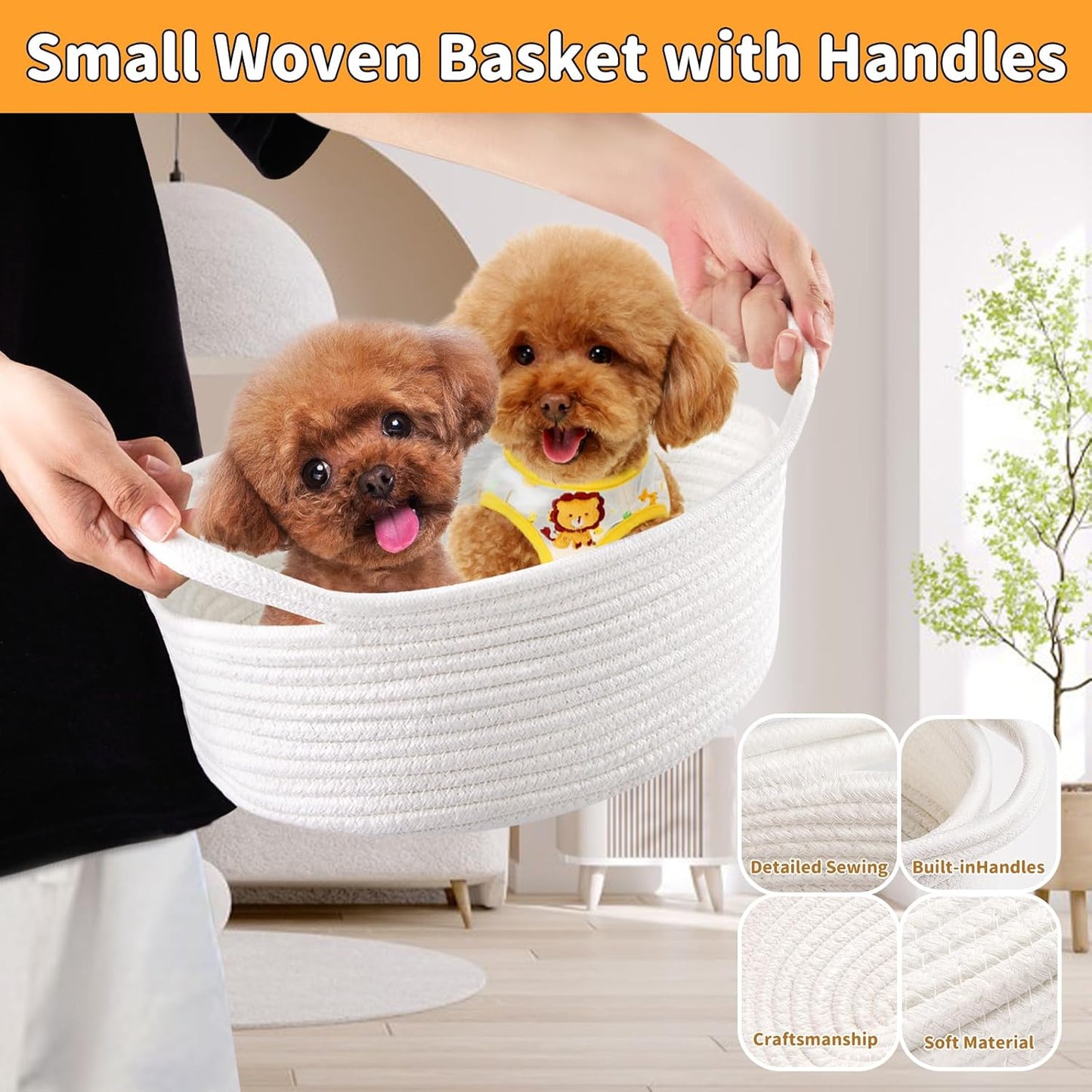 Yeeeasy Small Woven Basket - Cute Gift Basket with Ribbons | 12"x8"x5" White Storage Solution