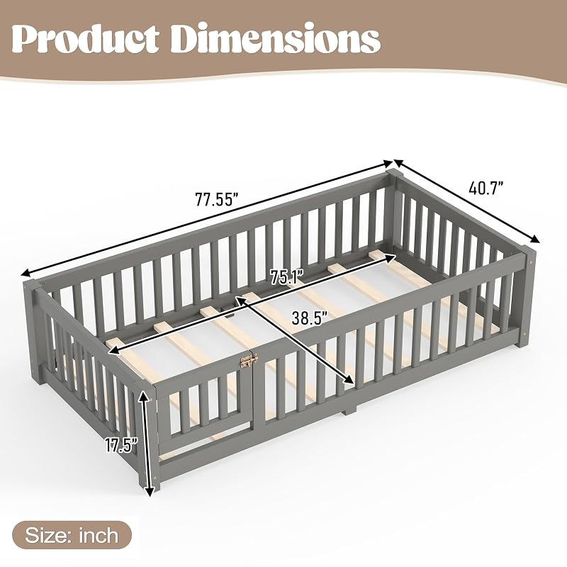 Twin Size Montessori Floor Bed with Door, Fence & Slats – Grey + Twin