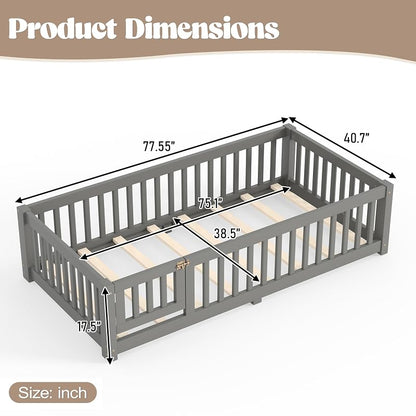 Twin Size Montessori Floor Bed with Door, Fence & Slats – Grey + Twin