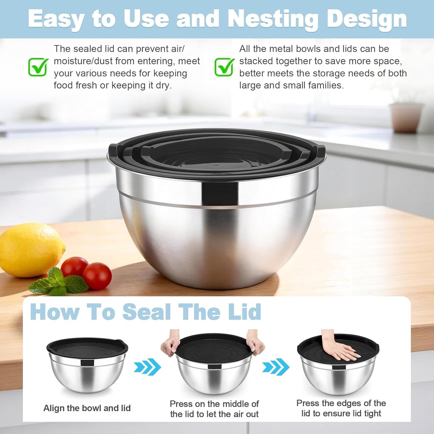 TeamFar Stainless Steel Mixing Bowls Set - Airtight Lids for Serving, Mixing & Storing | 4.6 QT, 3 QT, 1.5 QT, Black