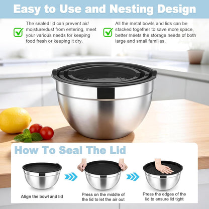 TeamFar Stainless Steel Mixing Bowls Set - Airtight Lids for Serving, Mixing & Storing | 4.6 QT, 3 QT, 1.5 QT, Black