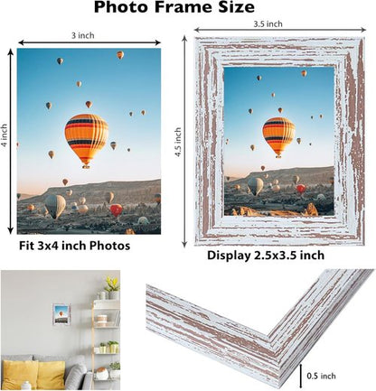 JCJMY Rustic White Picture Frame - 3x4 Wall Mount or Tabletop Display with Shatter-Resistant Plexiglass