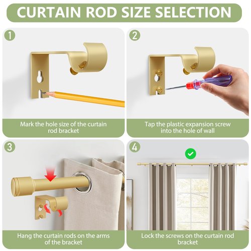 5/8” Diameter Curtain Rods 30-90 Inch, for 30-84 Inch Windows, Adjustable Splicing Gold Curtain Rods for Windows with Brackets, Window Rod Long Small Curtains Rod