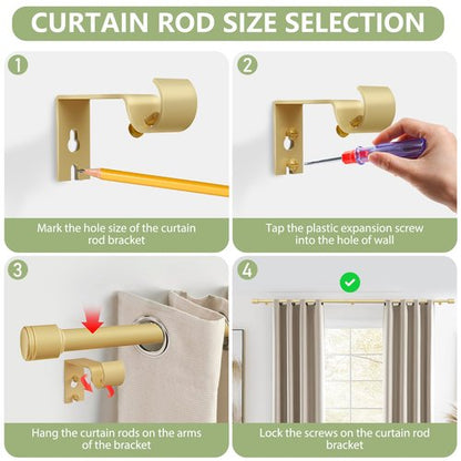 5/8” Diameter Curtain Rods 30-90 Inch, for 30-84 Inch Windows, Adjustable Splicing Gold Curtain Rods for Windows with Brackets, Window Rod Long Small Curtains Rod