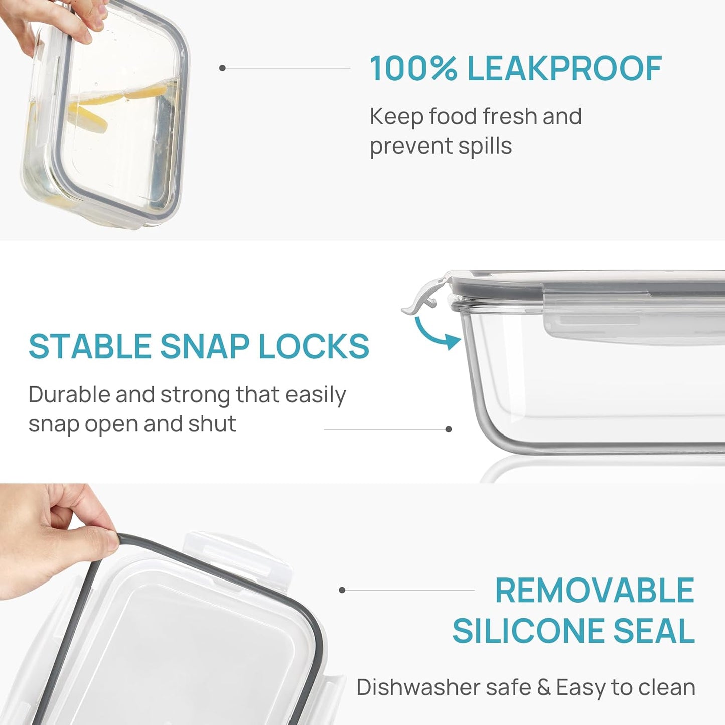 Vtopmart Large Glass Storage Containers - 2 Pack 1860ml | Airtight Meal Prep Set with Snap Lids, Grey