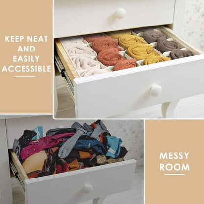Criusia Sock Organizer - 3 Pack Fabric Drawer Dividers with 64 Cells for Socks, Underwear & Ties | Beige